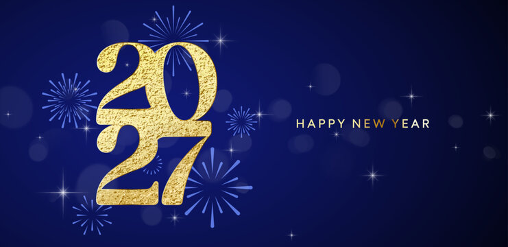 Happy New Year 2027 card, gold number banner, background