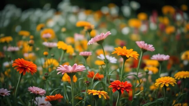Pink daisy and orange marigold meadow garden flower bloom with soft bokeh warm sunlight joyful