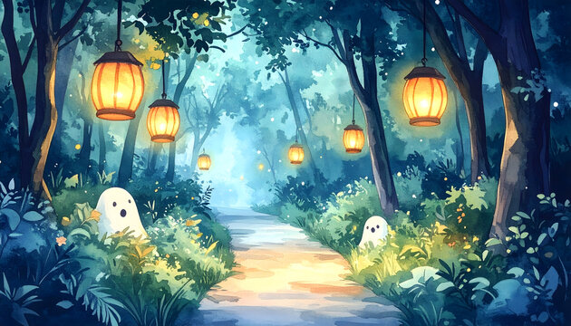 Magical firefly lanterns illuminating a serene forest pathway. Enchanting night scene with glowing lights and lush greenery.