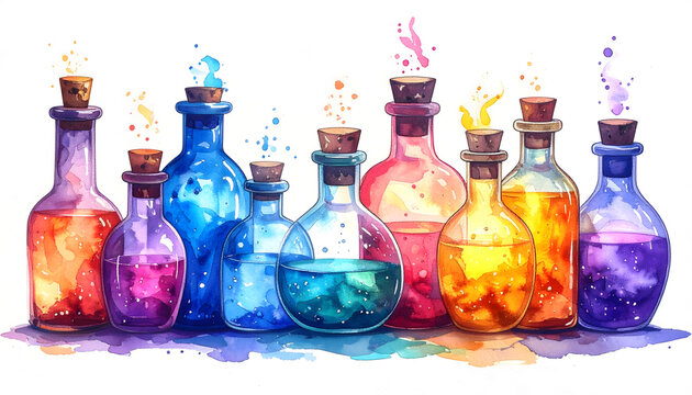Colorful glass bottles with glowing fireflies. Artistic nature scene with vibrant hues and delicate illumination.