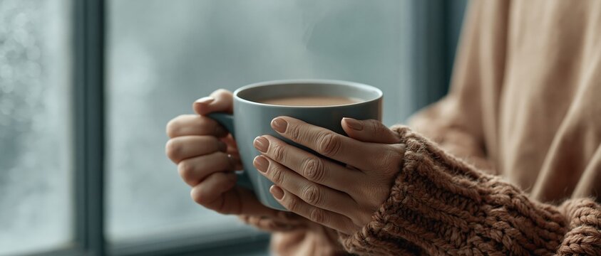Quiet selfcare moment captured as manicured hands wrap around a sage ceramic mug by a rain streaked window. Perfect for wellness, hygge lifestyle, seasonal warmth, and mindfulness campaigns.
