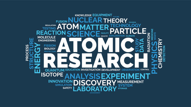 Atomic Research Word Cloud Concept with Physics Science and Nuclear Energy Typography