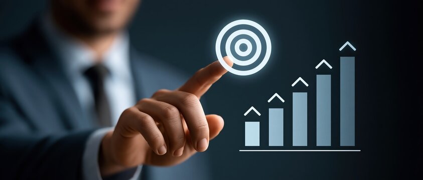 Ambition meets strategy a suited professional points to a luminous bullseye above a growing bar chart, visualizing goalsetting, KPI achievement, and business growth in a sleek digital.