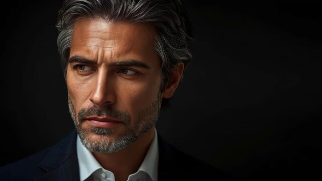Man portrait male middle aged serious dramatic lighting textured skin intense gaze salt and pepper