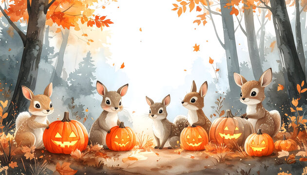 Cute fox cubs with glowing pumpkins in autumn forest scene. Playful wildlife photography capturing adorable animals in fall setting.