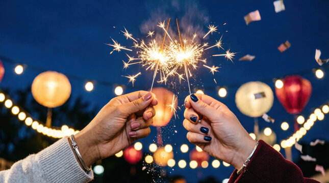 Two hands holding sparklers against a festive night backdrop with lanterns and lights with focus on celebration fireworks.