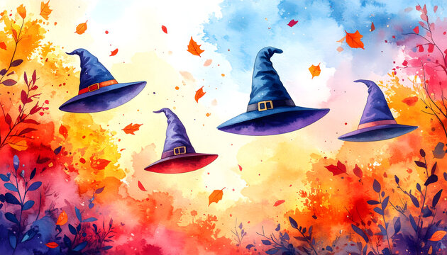 Whimsical fireflies and witches' hats in vibrant watercolor scene. Fantasy illustration of magical night sky with glowing insects and mystical symb...