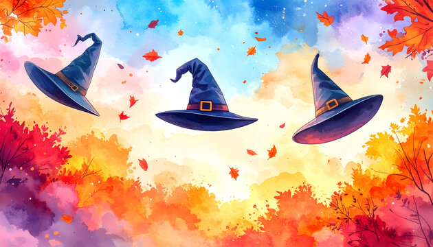 Three witches' hats floating in colorful sky scene. Magical Halloween decoration, whimsical fantasy imagery.