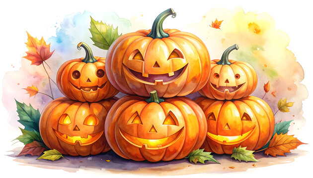Group of carved Halloween pumpkins with glowing faces. Festive autumn decor for celebrations.