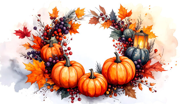 Autumn Halloween wreath with pumpkins and fall leaves. Seasonal fall decor for festive celebrations.