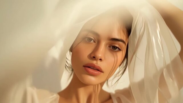 Young woman portrait with translucent veil and fabric softly framing face warm soft light conveying