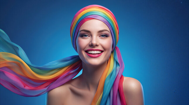 Radiant young woman wearing rainbow turban smiling against blue background. Colorful fabric flowing in the air as symbol of positivity and inclusivity.