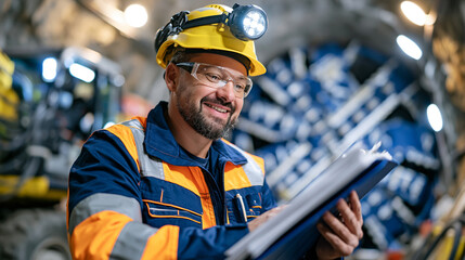 Fototapeta premium Tunnel construction engineer in vibrant underground work site reviews supplement inventory manifest, hard hat lit by flood lamps, boring machine visible in the deep shaft background, infrastructure 