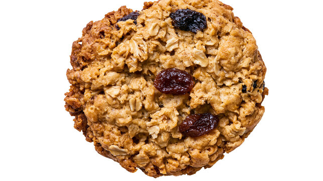 Golden brown oatmeal raisin cookie with visible oats and plump raisins, isolated on transparent background