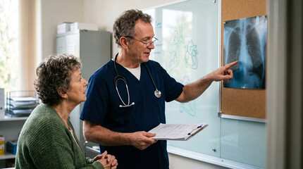 Fototapeta premium Doctor Explaining Medical Xray Results to Senior Patient During Consultation PNG