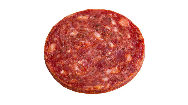 Round slice of cured salami with visible fat and spices, isolated on transparent background