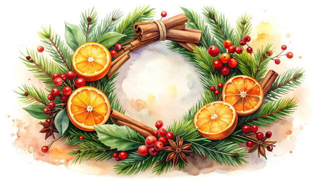 Festive Christmas wreath with orange slices and pinecones. Holiday decoration for seasonal celebrations.