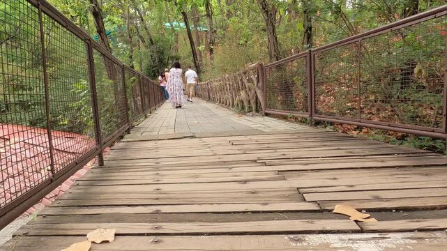 Low Angle Tilt Up From Wooden Bridge To Family Walking On Forest Trail