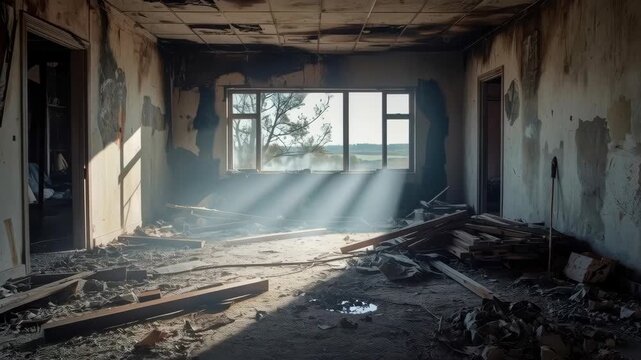 Abandoned room sunbeam broken window debris ruined ceiling dust wooden plank peeling paint daylight