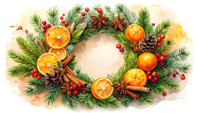 Festive Christmas wreath with orange slices and pinecones. Holiday decoration for seasonal celebrations.