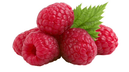 Pile of ripe red raspberries with a green leaf, isolated on transparent background © Marie