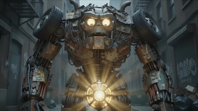 Giant Scrap Metal Robot with Car Parts Roaming Through a Grimy Urban Alleyway with Dumpsters and Graffiti