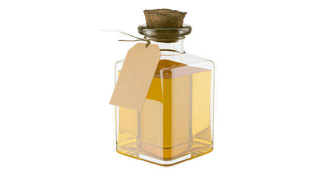 Clear glass square bottle with cork stopper and kraft paper tag filled with golden liquid, isolated on transparent background