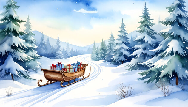 Snowy winter landscape with a horse-drawn sleigh. Scenic rural scene with festive mood and snow-covered trees.