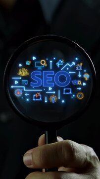 Close-up vertical shot of hand holding magnifying glass to inspect glowing SEO text sign with web marketing icons. Search engine optimization audit and digital traffic inspection concept.
