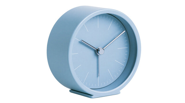 Minimalist round blue alarm clock with silver hands, isolated on transparent background