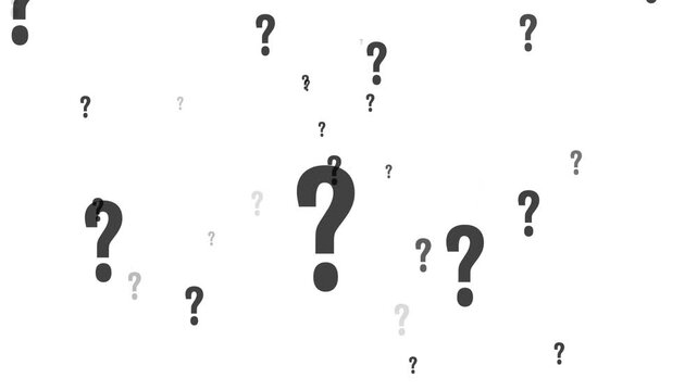 Numerous question marks floating in abstract motion against stark black bars symbolizing confusion and uncertainty