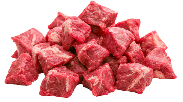 Pile of raw beef stew cubes with visible fat marbling, isolated on transparent background