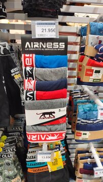 Royan, France - July 25, 2026: E.Leclerc ROYAN CEDEX. Airness branded men's socks pack displayed on a retail shelf with price tags and various colors visible in a store setting