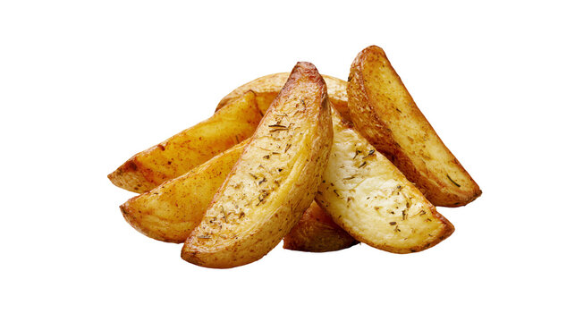 Golden baked potato wedges seasoned with herbs, isolated on transparent background