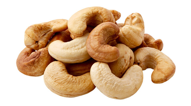 Heap of raw cashew nuts light brown and beige, isolated on transparent background