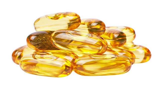 Pile of translucent golden oval softgel capsules, isolated on transparent background