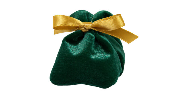 Emerald green velvet pouch tied with a golden ribbon bow, isolated on transparent background