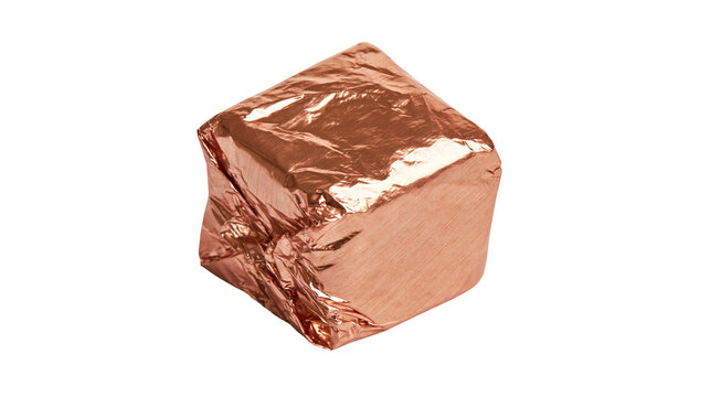 Shiny copper cube wrapped in crinkled foil, isolated on transparent background
