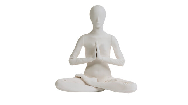 Faceless white mannequin in lotus pose with hands pressed together, isolated on transparent background