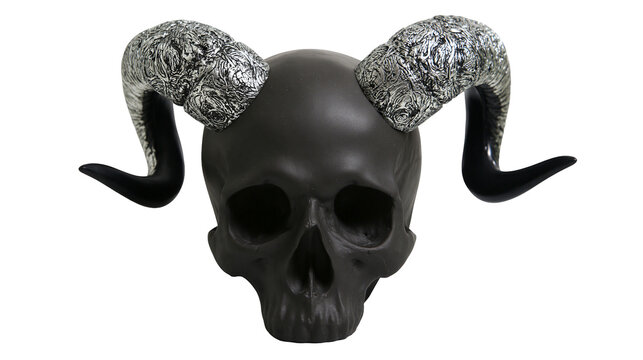 Black skull with textured silver ram horns, isolated on transparent background