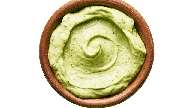 Creamy green avocado dip swirled in a terracotta bowl, isolated on transparent background