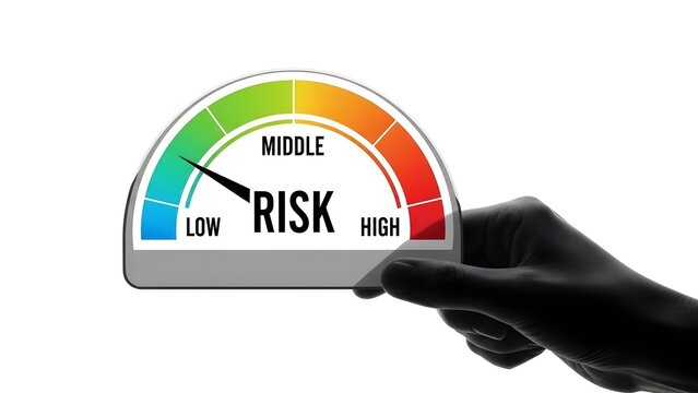 Human hand holding risk assessment gauge meter pointing towards low risk level for financial planning.