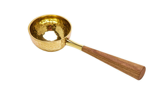 Hammered brass scoop with wooden handle, isolated on transparent background