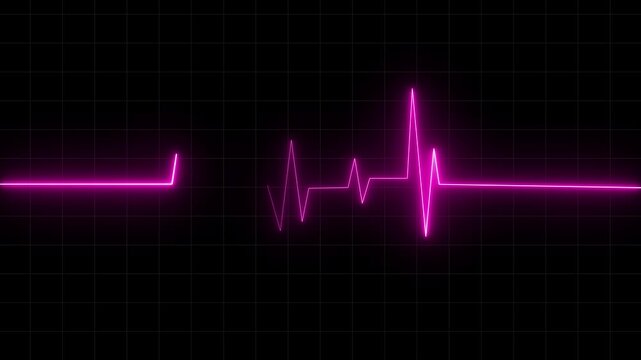 Pulsating neon electrocardiogram line in dark background with cinematic motion and subtle zoom