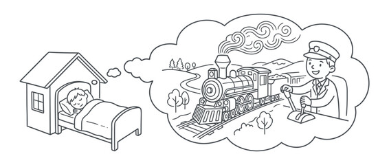 Obraz premium Little Boy Sleeping and Dreaming of Driving a Steam Train Illustration