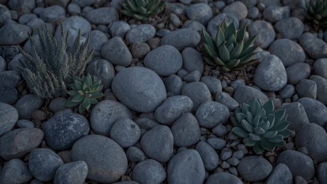 Succulent rosette plant among smooth river stones and sunlit pebble garden rock with serene texture
