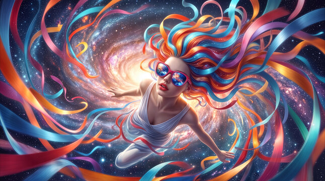 Surreal digital illustration of young woman floating in deep space. Colorful hair ribbons swirling around female character against backdrop of spiral galaxy and stars.