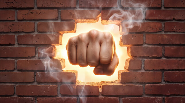 Clenched fist punching through solid red brick wall. Powerful hand breaking barrier with smoke and bright light effect.