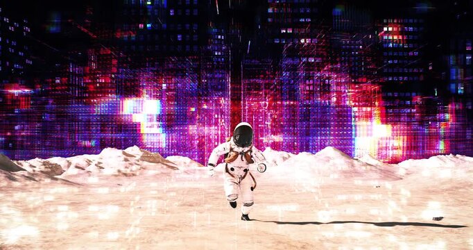 Futuristic astronaut running on cratered terrain towards glowing digital data city. Abstract Digital Space City Concept.