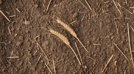 Obraz premium Wheat ears lying on dry soil after harvest. Agricultural field ground with crop residue and stalks.